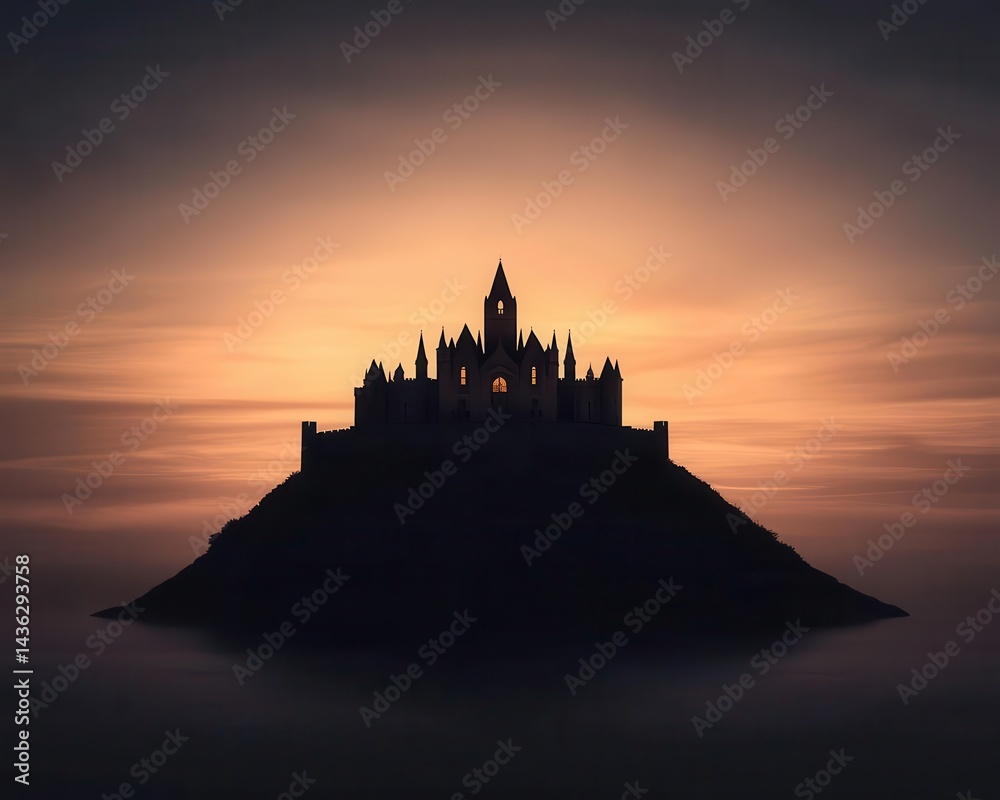 Obraz premium A gothic fortress silhouetted against a radiant sunset, standing proudly as night approaches