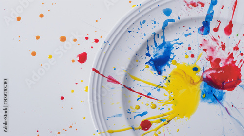 Colorful liquid food dye droplets splashing on white ceramic plate forming abstract art patterns with vivid saturated colors, minimalist design with copy space for text overlay.
