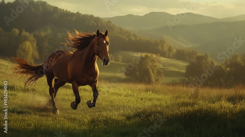 Majestic horse galloping in a golden field mountains background. Possible use Stock photo
