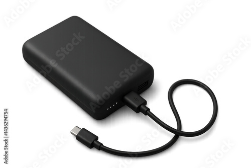Black portable power bank with usb-c cable for fast charging and reliable convenience. Isolated illustration