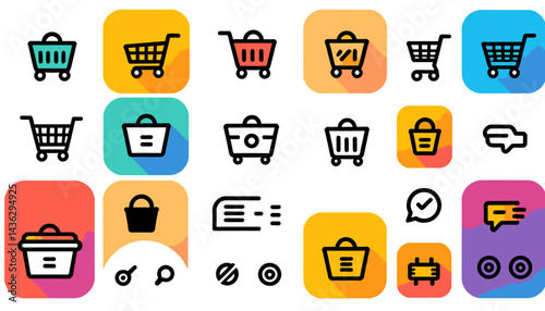 E commerce Icons_Shopping Cart and Basket Vector Design_Online Store Symbols_Retail Graphic Elements_Marketplace Pictograms_Checkout and Purchase_Commercial Signage_Illustration