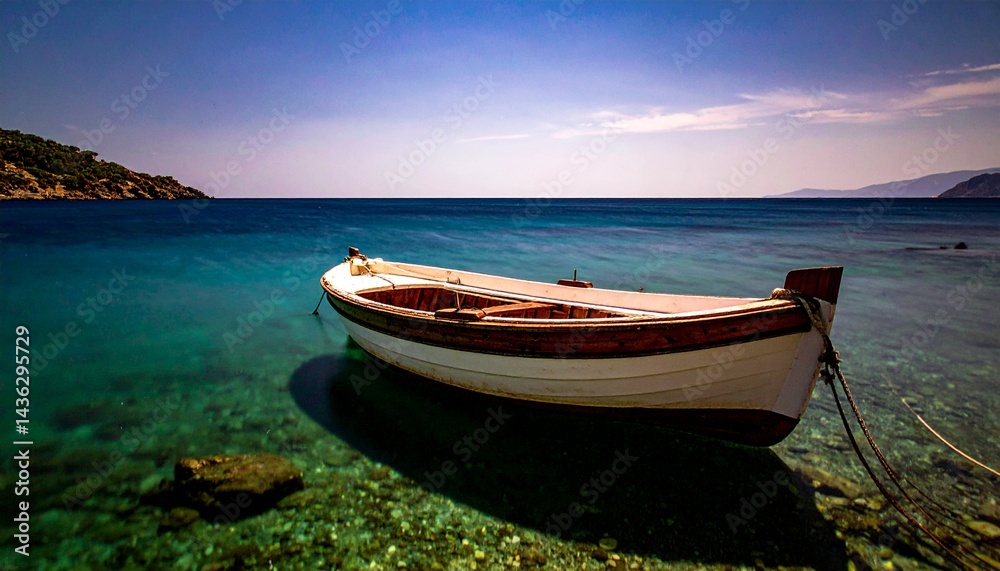 Naklejka premium Pequeño barco de madera blanco en una tranquila orilla del mar turquesa, exposición prolongada, fotografía hiperrealista,