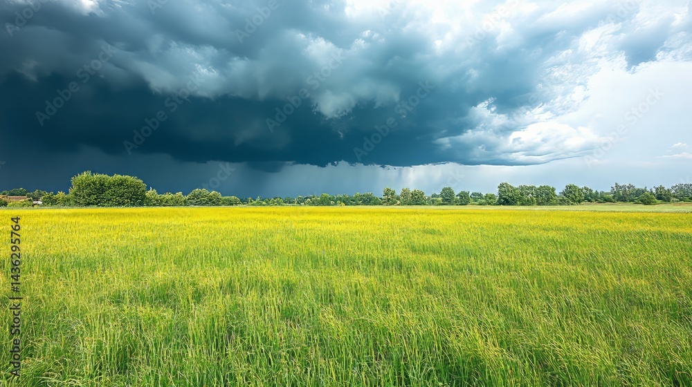 Fototapeta premium Storm Brewing: The contrast between a verdant field of wheat and a menacing storm cloud creates a captivating atmosphere of nature's raw power, filled with anticipation and potential.