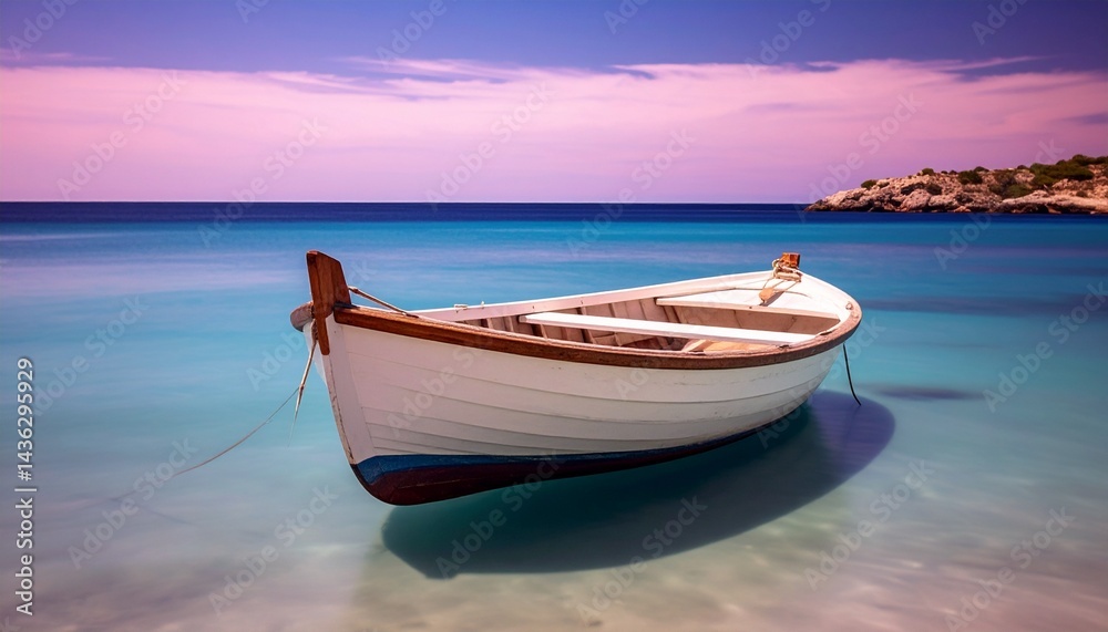 Naklejka premium Pequeño barco de madera blanco en una tranquila orilla del mar turquesa, exposición prolongada, fotografía hiperrealista,