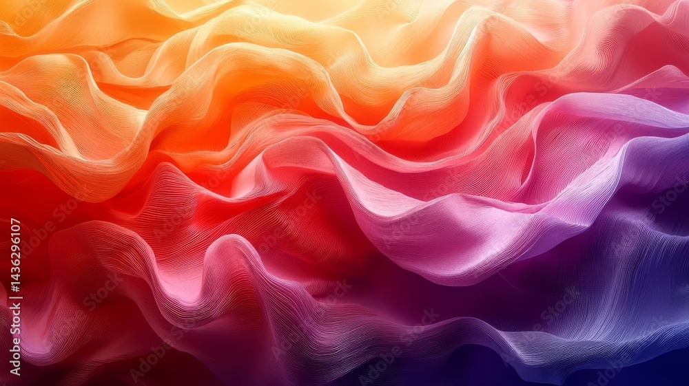 Fototapeta premium Vibrant flowing fabric in warm hues of orange, pink, and purple, creating a dynamic and elegant backdrop for creative projects.