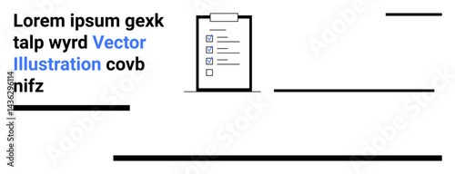 Clipboard with checklist and checkboxes surrounded by abstract lines and placeholder text. Ideal for task management, productivity, organization, project planning, minimal design, business tools
