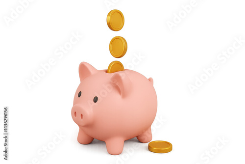 Pink piggy bank with coins falling in: symbol of savings, finance, and investment. Isolated illustration