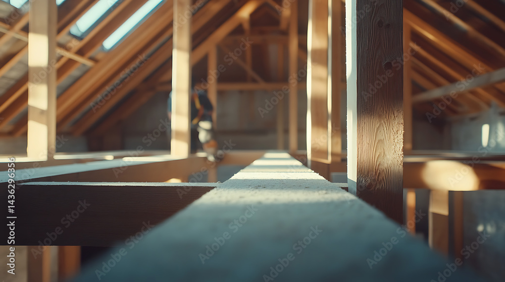 Fototapeta premium Attic Construction with Wooden Beams and Skylights