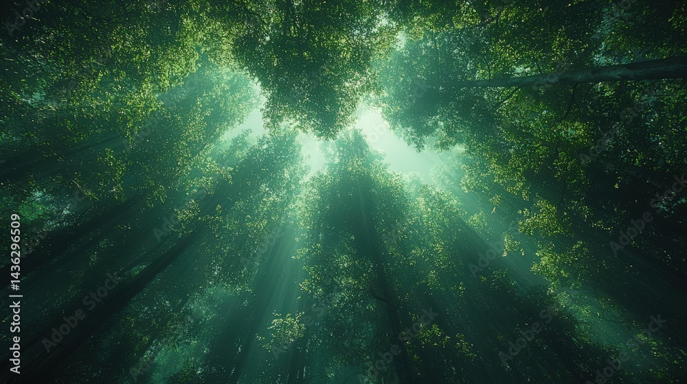 Obraz premium A wide-angle view of the forest canopy from below on a summer day, showcasing dense green foliage with sunlight filtering through the leaves, revealing the beauty and tranquility.