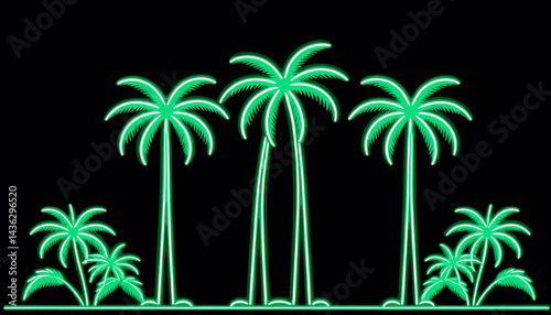 Neon Palm Trees Illustration_Tropical Green Aesthetic_Vibrant Summer Vibes_Island Getaway Design_Retro Neon Art_Exotic Palm Tree Scene_Nightlife Illustration
