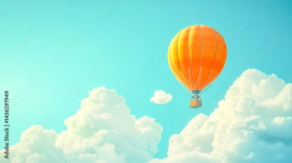 Naklejka premium Orange hot air balloon soaring through a clear blue sky with puffy clouds, evoking a sense of adventure and freedom