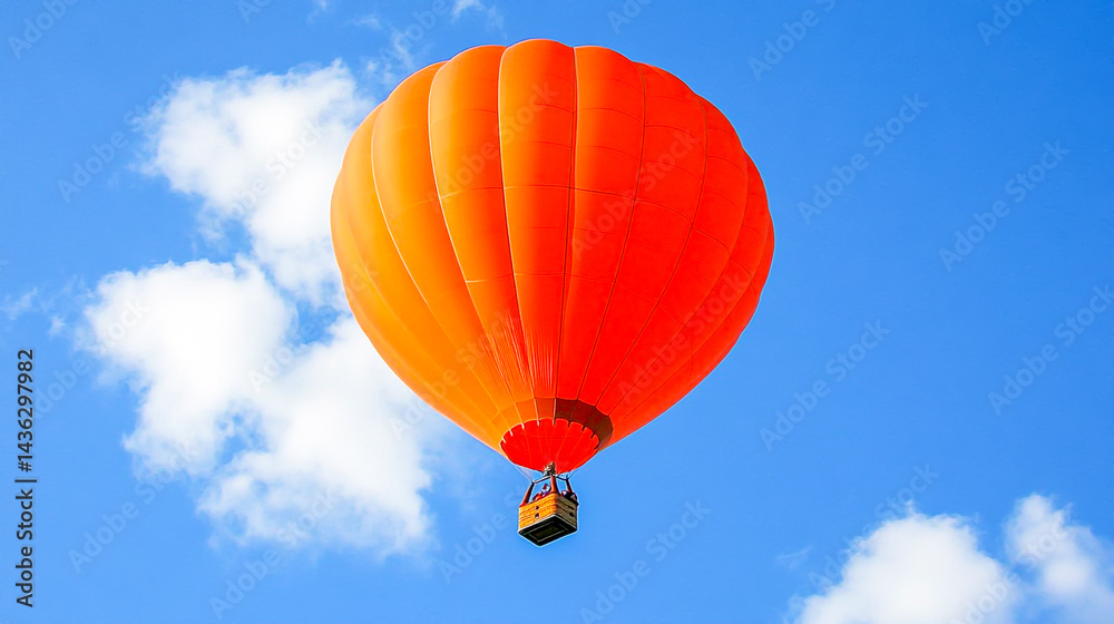 Naklejka premium Orange hot air balloon soaring through a clear blue sky with puffy clouds, evoking a sense of adventure and freedom