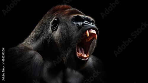 Close-up of a gorilla roaring, isolated on black background.