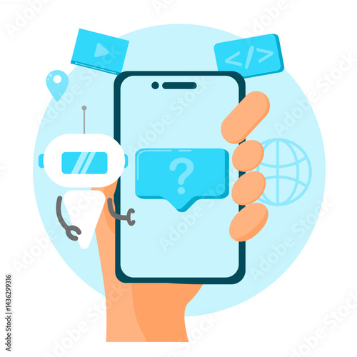 Chatbot, Chatbot interaction with user, Business concept using artificial intelligence for customer support - vector illustration background with icons