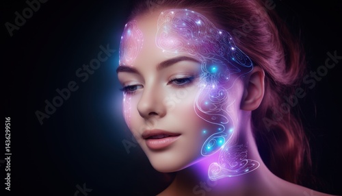 Young woman with digital light patterns on her face, symbolizing futuristic technology.