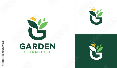 Natural garden logo, Letter G Green plant logo, letter g garden with sun, gardening, agriculture, sun vector logo design