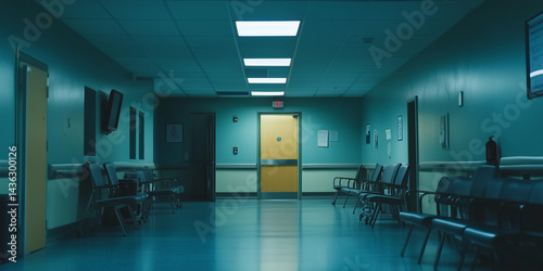 Eerie empty hospital hallway at night teal walls dim lights rows of chairs quiet waiting