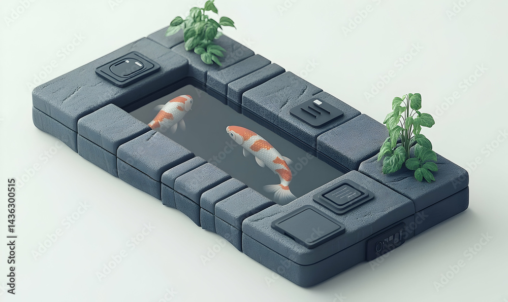 Obraz premium A serene koi pond surrounded by stone-like borders and greenery, showcasing tranquil aquatic life