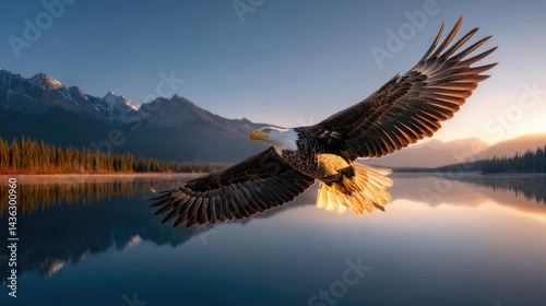 Majestic eagle soaring above a serene mountain lake. photo
