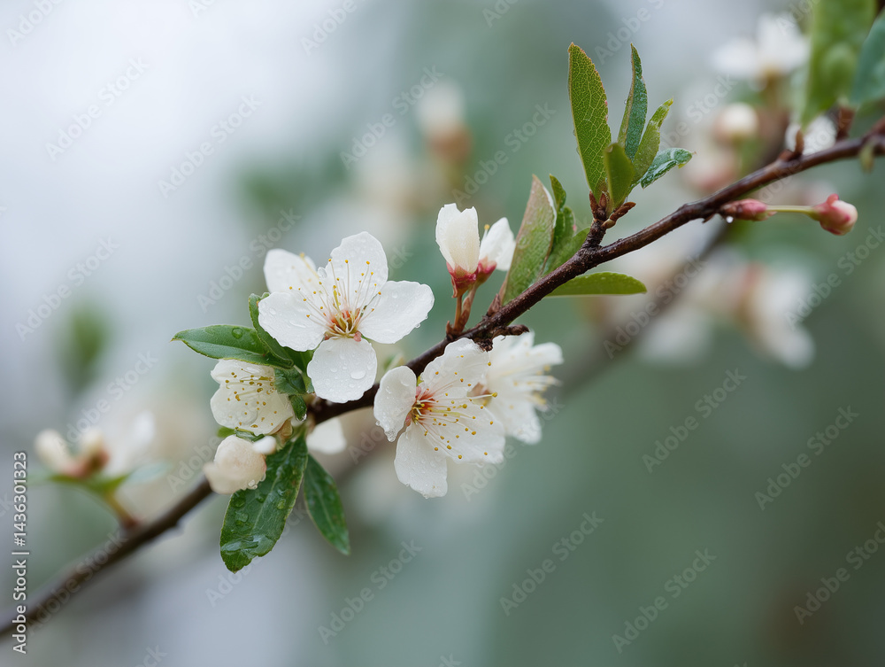 Obraz premium Delicate white blossoms glistening with raindrops a serene spring scene in soft natural light