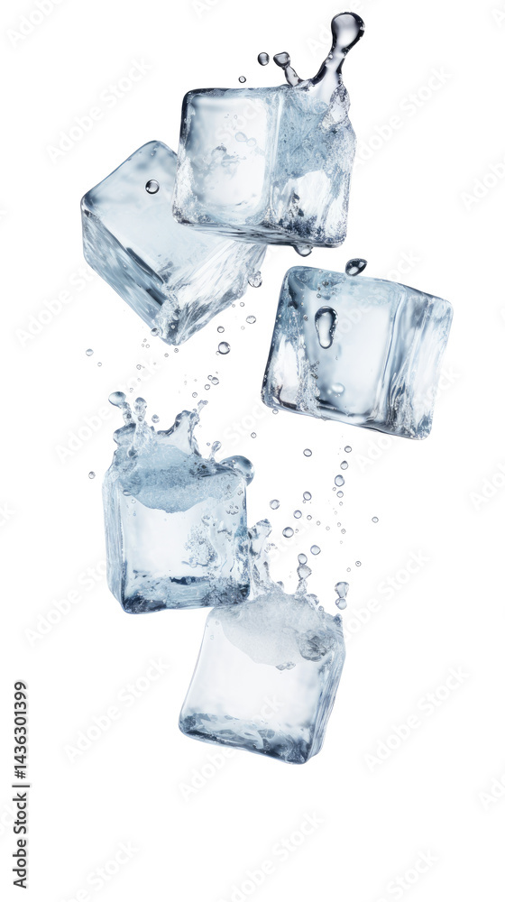 Falling Ice Cubes Capturing Refreshing Splash in Clear Water Background on transparent background