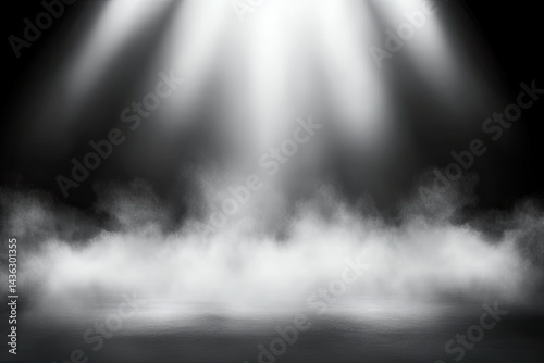 Empty stage lit by spotlights, smoky ambiance