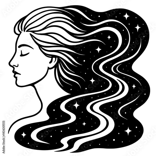 Woman's Hair Transforming into River of Stars Illustration – Cosmic Fluidity and Imagination Concept