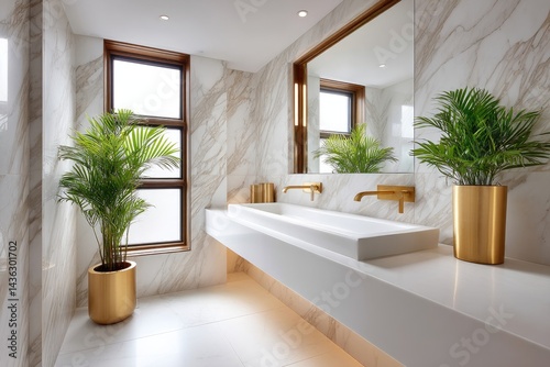 Luxurious modern bathroom interior with double sinks and plants.