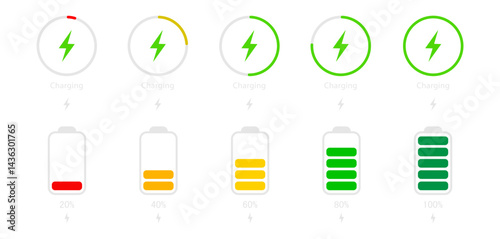 Battery Charge set. Battery charging progress indicators showing different charge levels with various stages of charging. Stock Vector