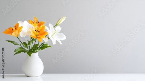 Elegant bouquet of orange and white lilies in a simple vase