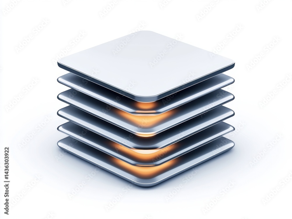 Stacked metallic square blocks with glowing lines Stacked metallic square blocks with glowing lines