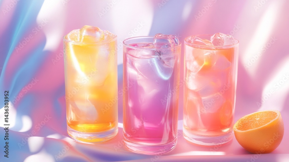 Three Pastel Icy Drinks with Orange Slice Three Pastel Icy Drinks with Orange Slice