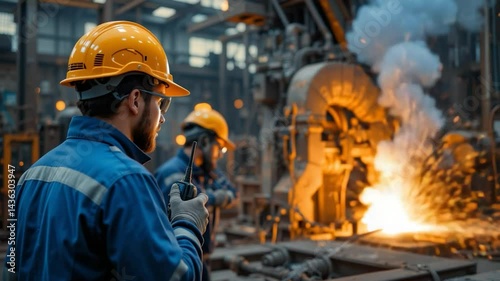 Wallpaper Mural Industrial workers observing molten metal process Torontodigital.ca