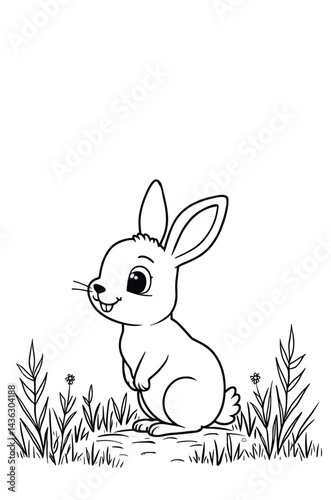 Cute Bunny Sitting In Grass Outline