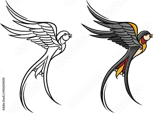 Traditional tattoo-style swallow in flight, with color and outline versions. Retro ink art, bold lines, isolated on white background