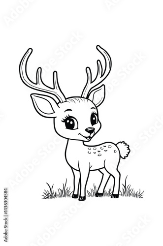 Cute Cartoon Deer Stands In Grass