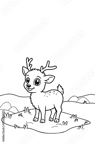 Cute Deer Cartoon In Field Drawing