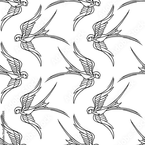 Seamless pattern with flying swallows in line art style. Monochrome bird design for anti-stress coloring. Isolated on white background