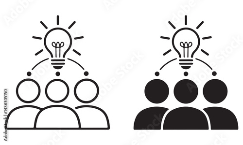 Teamwork and Innovation Icon – Group of People with Lightbulb Idea Symbols in Minimalist Style. teamwork, innovation, idea, creativity, collaboration, brainstorming, solution, leadership, group