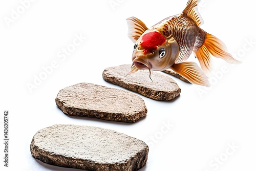 A vibrant goldfish swimming towards stone stepping stones in a serene white background, symbolizing journey photo