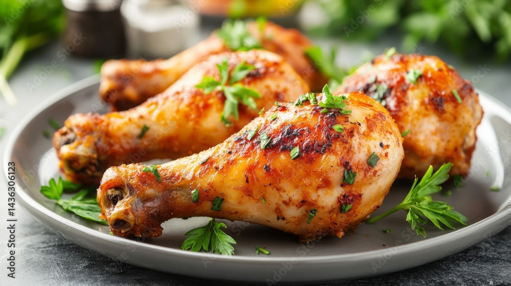 Roasted Chicken Drumsticks on a Gray Plate Roasted Chicken Drumsticks on a Gray Plate