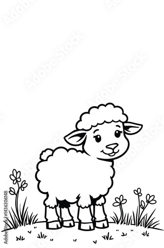 Cute Lamb Stands In Meadow Drawing