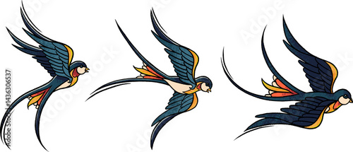Set of three flying swallows in traditional tattoo style. Bold outlines, grainy texture, classic palette. Isolated on white background