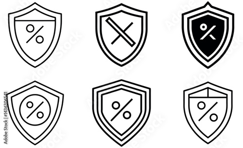 Set of Shield Icon Designs with Percentage and Symbols, Vector Graphics