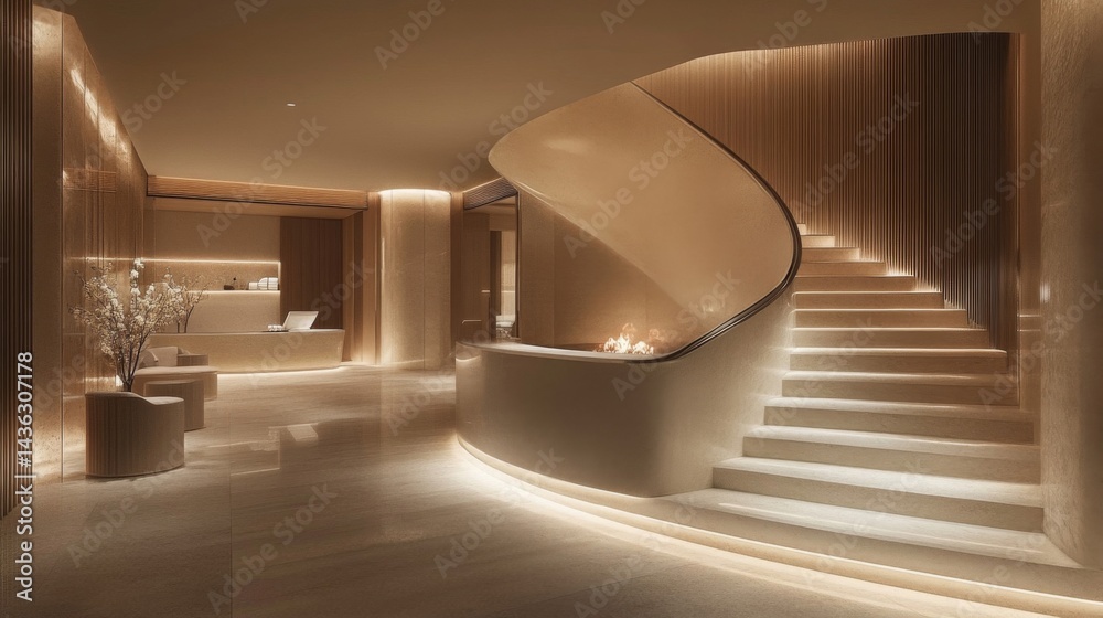 Obraz premium Beige and Cream Spa Interior with Curved Staircase