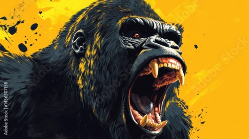 A powerful illustration of a roaring gorilla against a vibrant yellow background. photo