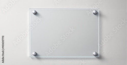 Transparent glass signboard with metallic bolts displayed on light textured wall, minimalistic business branding concept, clean and modern style. Ai generative