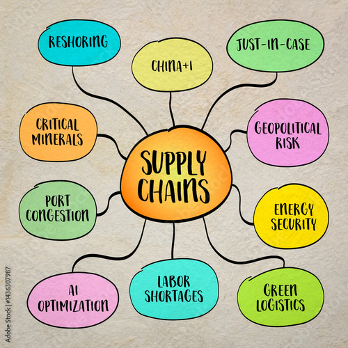 Supply chains, disruptions, reshoring efforts, and the integration of AI and automation are reshaping how goods move globally. Infographics mind map sketch.