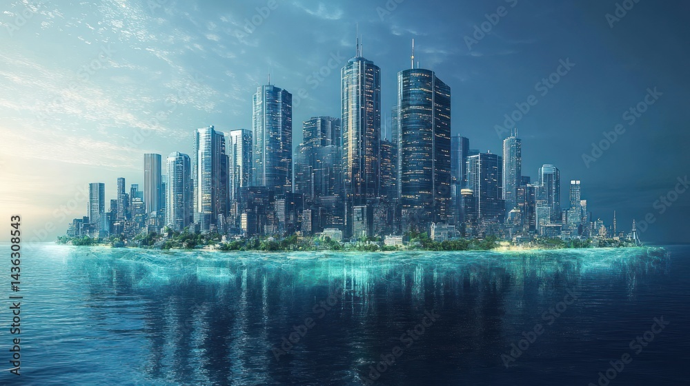 Naklejka premium Urban aquatic island city skyline reflecting upon the ocean's watery expanse