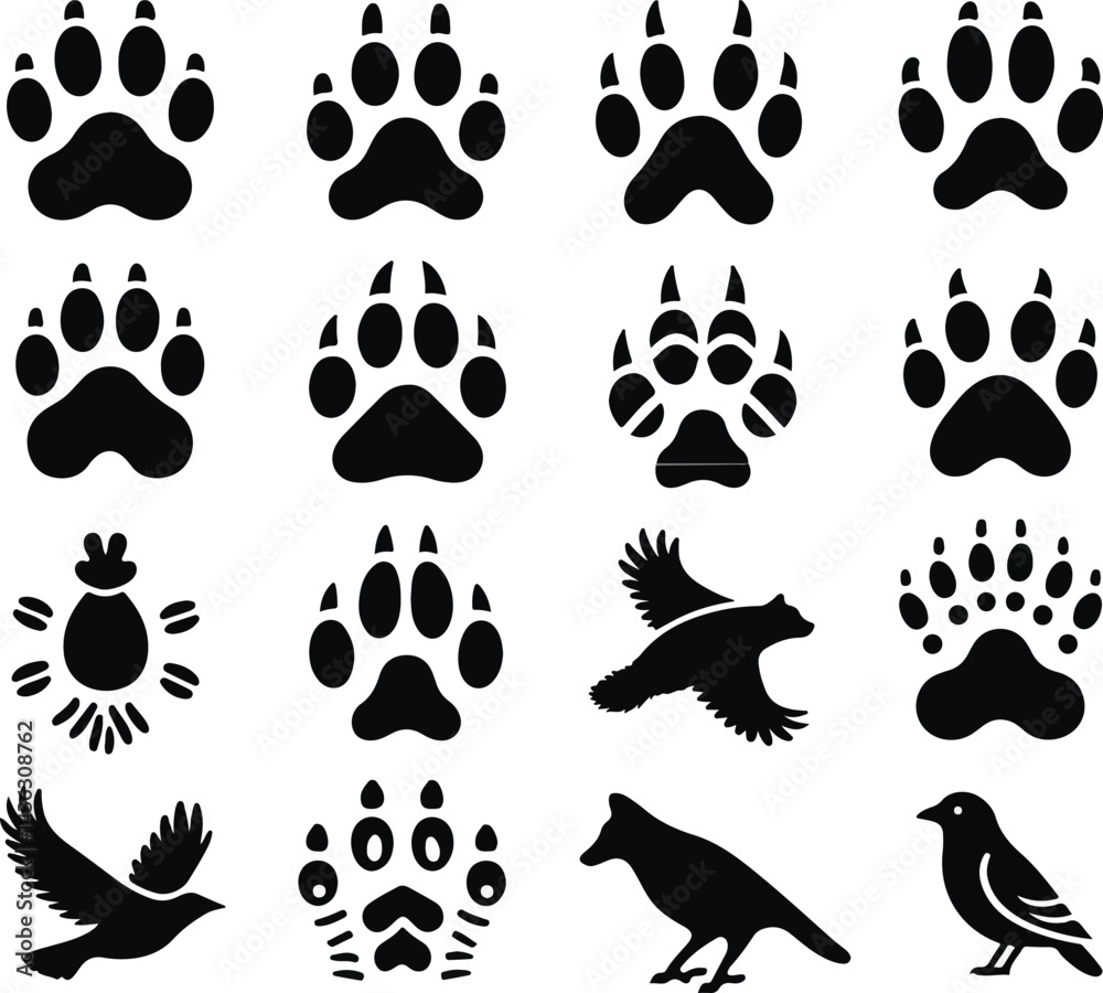 Different animal paw print vector silhouette Different animal paw print vector silhouette